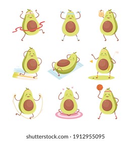 Cute Avocado Doing Fitness Exercises Set, Funny Fruit Character Doing Sports, Healthy Eating and Lifestyle, Fitness Concept Cartoon Style Vector Illustration