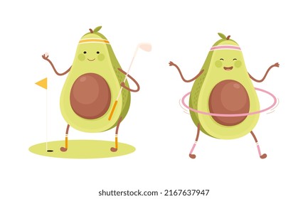 Cute avocado doing sports set. Funny healthy nutritious fruit playing golf and spinning hula hoop cartoon vector illustration