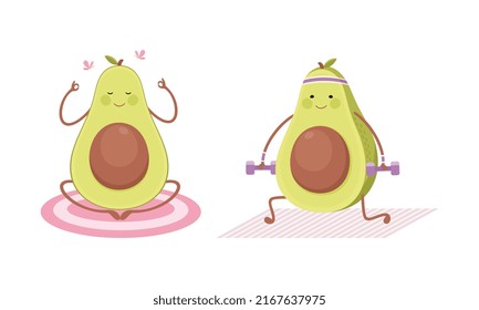 Cute avocado doing sports set. Funny healthy nutritious fruit doing yoga and lifting dumbbells cartoon vector illustration