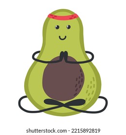 Cute avocado doing yoga meditation. Sport, hobby, exercise, yoga.Fruit character.Vector avocado in kawaii style. Sports healthy avocado. The concept of doing sports.