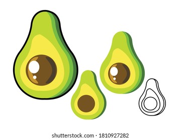 Cute avocado drawing in isolated background.  Set icon vector. Highlight, shadow, outline object. Fresh and colorful fruit illustration. Flat design
