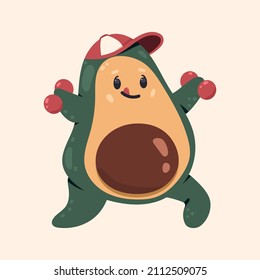Cute avocado with dumbbells vector cartoon character isolated on background.