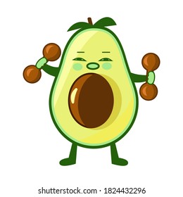 Cute avocado with dumbbells. Vector illustration. Isolated on white.