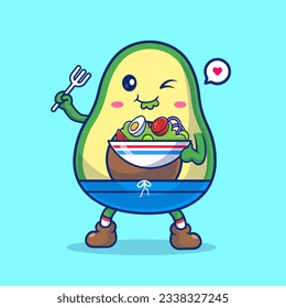 Cute Avocado Eating Salad Cartoon Vector Icon Illustration. Food Nature Icon Concept Isolated Premium Vector. Flat Cartoon Style