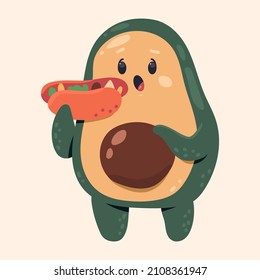 Cute Avocado Eating Taco Vector Cartoon Character Isolated On Background.