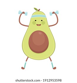 Cute Avocado Exercising with Dumbbells, Funny Fruit Character Doing Sports Workout, Healthy Lifestyle, Fitness Concept Cartoon Style Vector Illustration