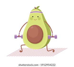 Cute Avocado Exercising with Dumbbells, Funny Fruit Character Doing Sports, Healthy Eating and Lifestyle, Fitness Concept Cartoon Style Vector Illustration