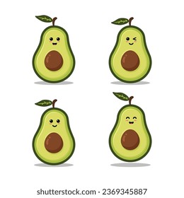 Cute avocado Expressions-Aufkleber Set: Lachen, Lächeln, Wink und springen. Cartoon Obstzeichensammlung. Helles Emotikon im flachen Design-Stil. Food Emoji Vektorgrafik.