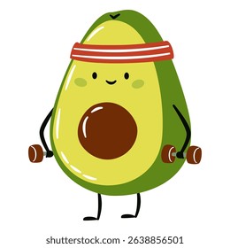 Cute avocado face avocado doing fitness with dumbbells. Flat vector illustration in simple child style 