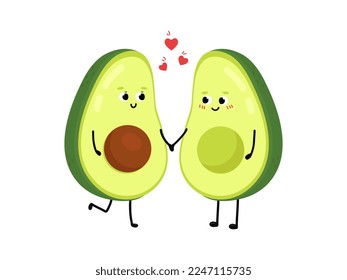 Un aguacate lindo enamorándose. El amor y el concepto de San Valentín. Ilustración aislada sobre fondo blanco.