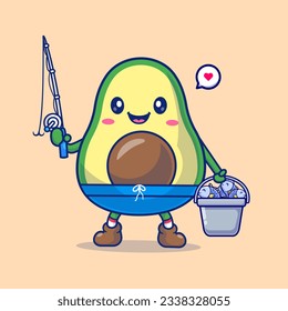 Cute Avocado Fishing Fish With Fishing Rod Cartoon Vector Icon Illustration. Food Sport Icon Concept Isolated Premium Vector. Flat Cartoon Style