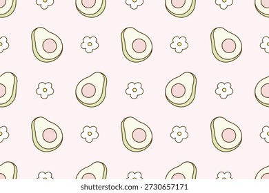 Lindo aguacate y patrón de flores sin fisuras en estilo Kawaii pastel