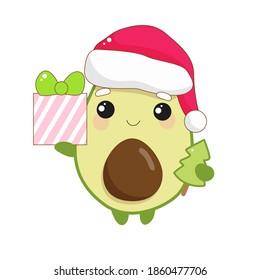 Cute avocado in the form of Santa with a Christmas tree and a gift
