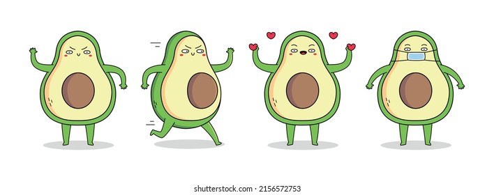 Cute avocado fruit cartoon character set 1 of waving hand, running, spreading love and wearing a mask