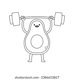 Cute avocado fruit cartoon character lifting weight doodle