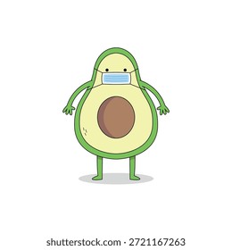 Cute avocado fruit cartoon character wearing a medical mask doodle