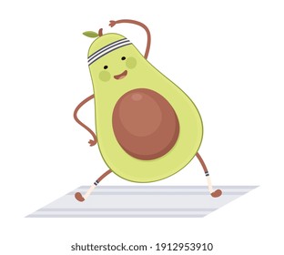 Personaje de Fruta de aguacate lindo Deportes, Comida saludable y estilo de vida, Fitness Concepto Estilo de caricatura Vector Ilustración