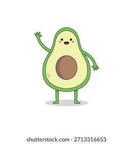 Cute avocado fruit slice cartoon character waving hand hi doodle