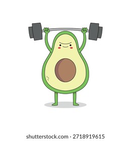 Bonito abacate fruta fatia personagem de desenho animado levantando peso barbell doodle
