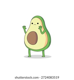 Lindo aguacate fruta rebanada personaje de dibujos animados mano asustada levantada doodle