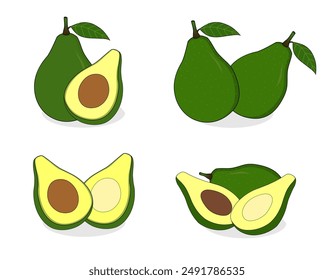 Cute avocado fruit vector design latest version. Whole, half, slices. Fresh green color. Set of element fruits. Cartoon style. Avocado with seed and without seed. tropical fruit. New illustration