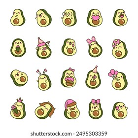 Cute avocado with a funny face. Adorable cartoon fruit. Hand drawn style. Vector drawing. Collection of design elements.