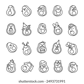 Cute avocado with a funny face. Coloring Page. Adorable cartoon fruit. Hand drawn style. Vector drawing. Collection of design elements.