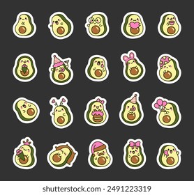 Cute avocado with a funny face. Sticker Bookmark. Adorable cartoon fruit. Hand drawn style. Vector drawing. Collection of design elements.