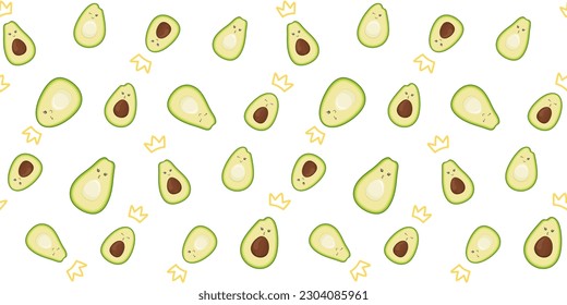 Cute avocado with funny faces and crowns on a white background. Endless texture with kawaii fruit characters. Half an avocado with and without pit. Vector seamless pattern for wrapping paper and print