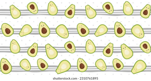 Cute avocado with funny faces on a gray and white striped background with circles. Endless texture with kawaii fruit characters. Half an avocado with and without pit. Vector seamless pattern for print
