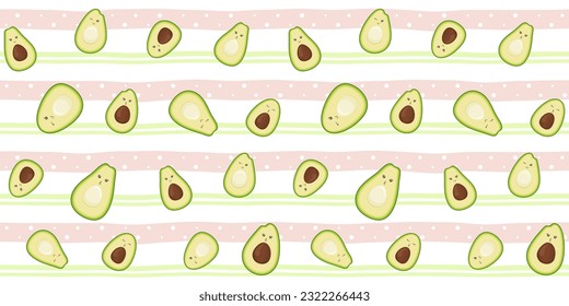 Un aguacate lindo con caras graciosas sobre un suave fondo rayado con círculos. Textura sin fin con personajes de la fruta kawaii. Medio aguacate con y sin pozo. Patrón transparente vector para la textura superficial