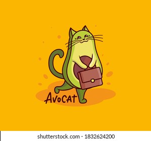 El lindo gato de aguacate con una maleta. Carácter caricaturista con letra - Aguacate. Bueno para camisetas, diseños de tela, pegatinas, anuncios, etc. Este diseño es una ilustración vectorial 