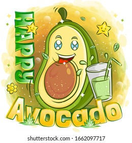 Cute Avocado with a Glass of Juice and Feeling Happy
