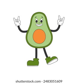 Cute avocado in groovy style. Cartoon character in trendy retro style. Isolated vector illustration. 