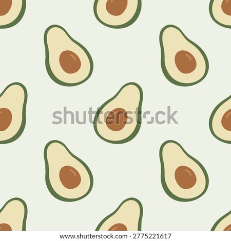 Cute avocado half seamless pattern with sliced fruits and seed on light background, repeating flat illustration perfect for menu design, packaging