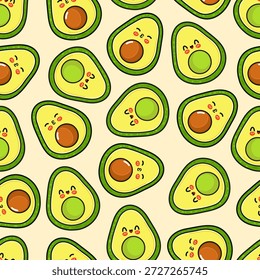 Las mitades lindas del aguacate forman un patrón inconsútil, representando un diseño del estilo del kawaii con diversas expresiones faciales felices y del beso en un fondo caliente, representando la comida sana y la naturaleza alegre