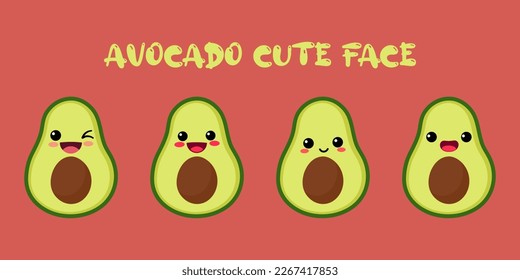 CUTE AVOCADO ,HAPPY CUTE SET OF SMILING AVOCADO FACE . VECTOR ILLUSTRATION