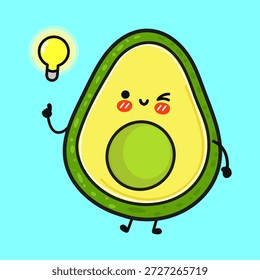 Cute avocado having a brilliant idea, a smiling kawaii character with rosy cheeks winking and pointing a finger up at a glowing lightbulb, isolated on a light blue background
