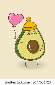 Cute avocado with heart. Funny character. Ideal for poster, sticker, greeting card, banner, invitation. Modern trendy illustration in cartoon style. For print on clothes, pillow, notebook.