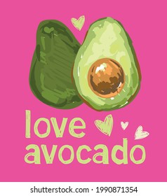 Cute avocado and heart Print Summer Trend Vector Illustration Pink background