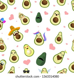Cute avocado and hearts. Seamless pattern. Vector illustration. Transparent background.