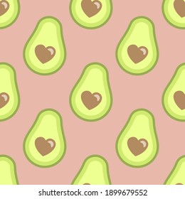 Cute avocado mit Herzen nahtloses Muster auf hellrosa Hintergrund für den Valentinstag. Einfaches Avocado-Hintergrund im flachen Cartoon-Stil. Kann als Bildschirmhintergrund, Wickelpapier, Stoffdruck etc. verwendet werden.