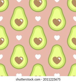 Cute avocado with hearts seamless pattern on a rose pink background for Valentines Day. Funny avocado background in flat cartoon style. Can be used as a wallpaper, wrapping paper, textile print etc.