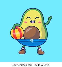 Cute Avocado Holding Beach Ball Summer Cartoon Vector Icon Illustration. Food Sport Icon Concept Isolated Premium Vector. Flat Cartoon Style