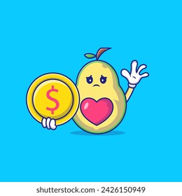 Cute Avocado Holding Coins Mascot Character Vector Icon Illustration.