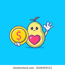 Cute Avocado Holding a Cryptocurrency Golden Bitcoin Mascot Character Vector Icon Illustration.