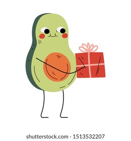 Cute Avocado Holding Gift Box, Cheerful Fruit Character with Funny Face Vector Illustration