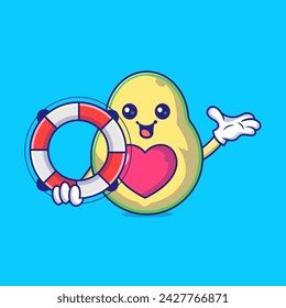 Cute Avocado Holding A Life Ring Mascot Character Vector Icon Illustration
