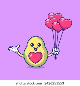 Cute Avocado holding love balloons Mascot Character Vector Icon Illustration