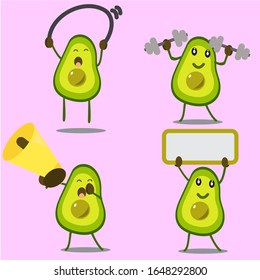 cute avocado holding a megaphone, barbell, jump rope and board. Vector set eps 10.
